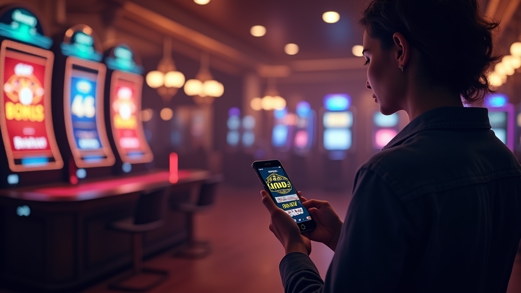 Casino-Lobby mit Bonusanzeige, Freispiele-Symbolen und Handy in dunkler Atmosphäre