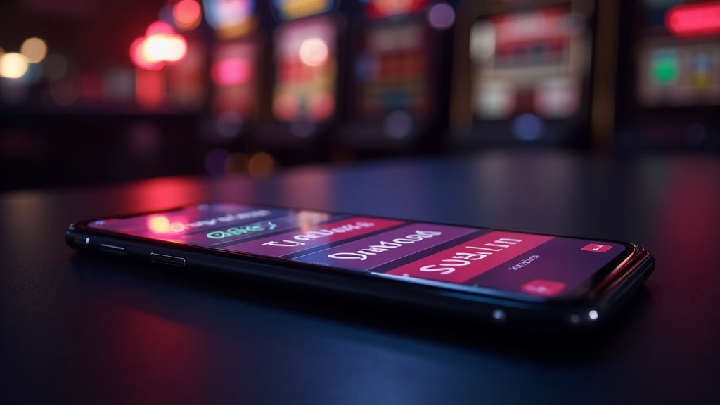 Smartphone zeigt Downloadoptionen für Android und iPhone in einer Casino-Atmosphäre