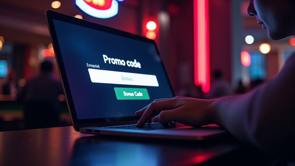 Spieler gibt Bonuscode an einem Casino-Formular in dunkler Atmosphäre ein