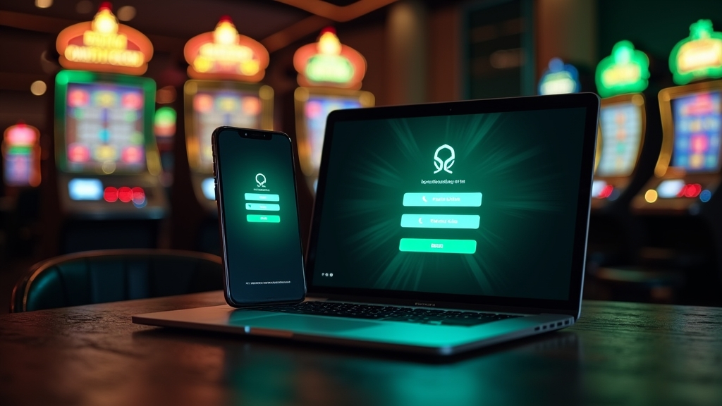 Dunkler Casino-Hintergrund mit Login-Bildschirm auf Smartphone und Laptop